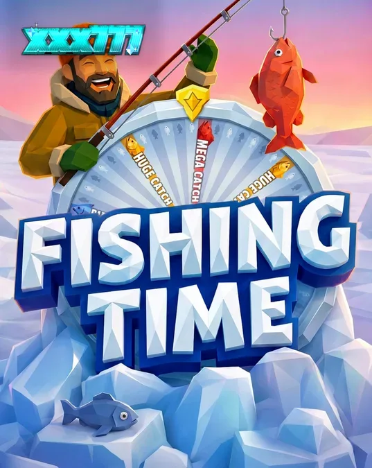 Tampilan visual roda bonus Fishing Time dengan latar belakang danau musim dingin yang bersalju.